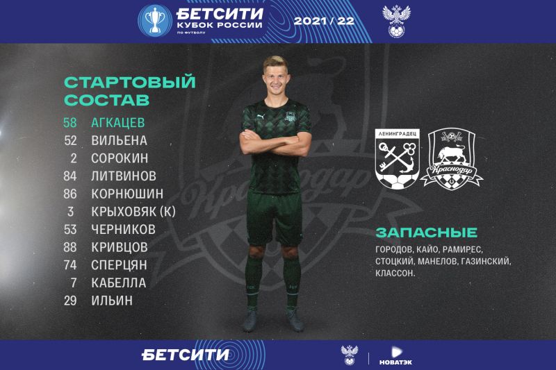 «Ленинградец» — «Краснодар»: «Быки» опубликовали стартовый состав на матч группового этапа Кубка России