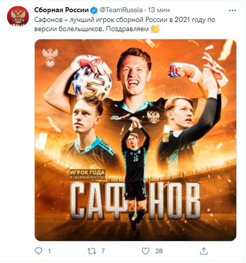 Сафонов обошел Головина в голосовании за лучшего игрока сборной России в 2021 году